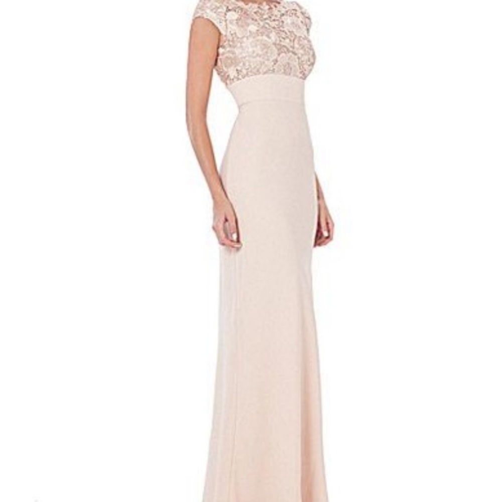 JS collection lace sequins bodice with stretch crape floor length gown - Picture 8 of 11